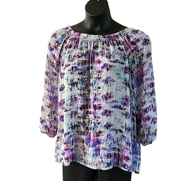Daisy Fuentes Abstract Print Blouse – Size Large – 3/4 Sleeve – Sheer Overlay - Picture 7 of 7